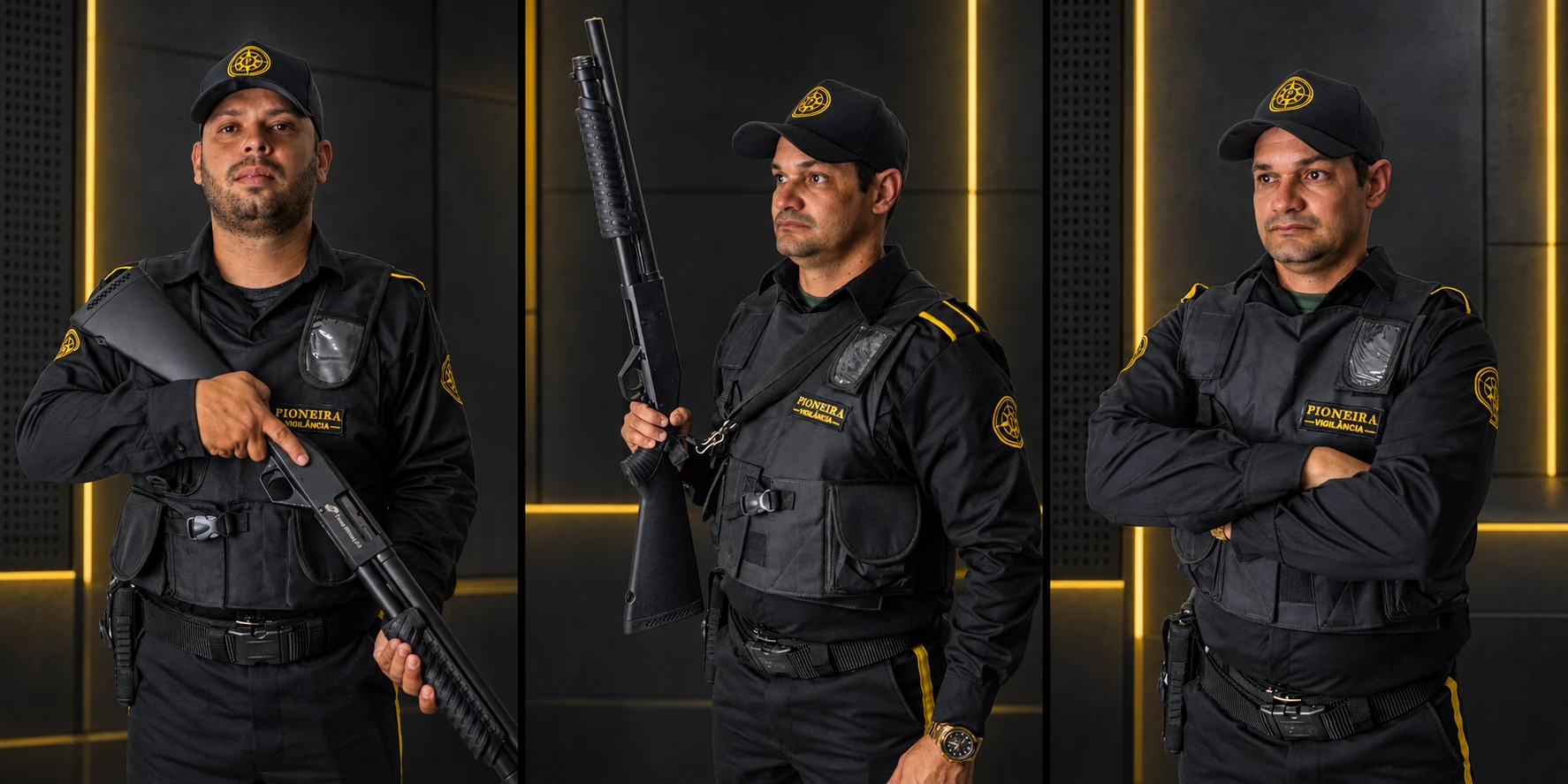Composição da equipe Pioneira com poses armadas e de braços cruzados, em cenário tecnológico com iluminação amarela