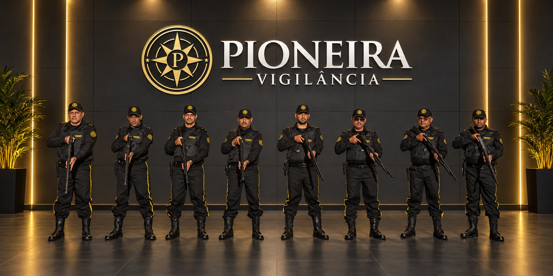 Equipe Pioneira em composição com fundo personalizado e logo da empresa