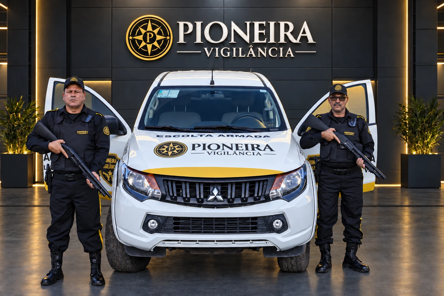 Profissionais e viatura Pioneira em composição com cenário personalizado