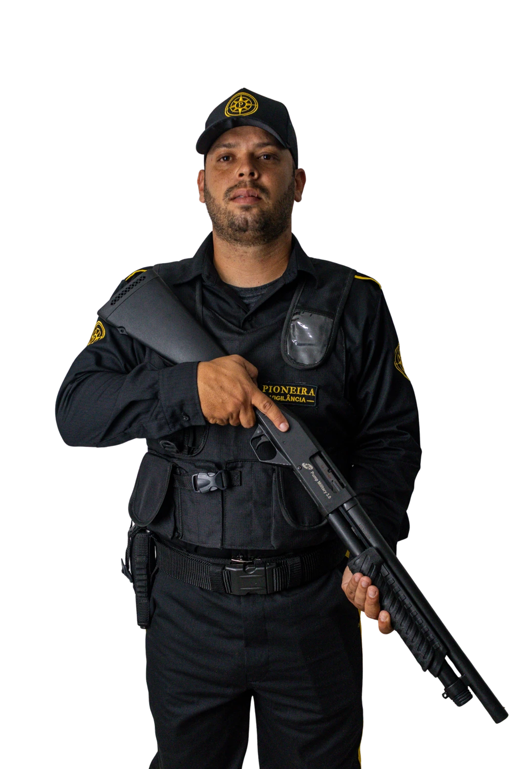 Profissional da Pioneira de frente com equipamento de escolta