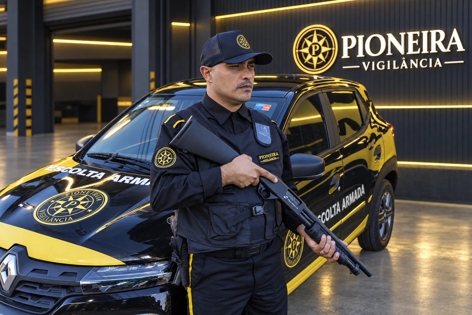 Profissionais e viatura Pioneira em composição com cenário personalizado